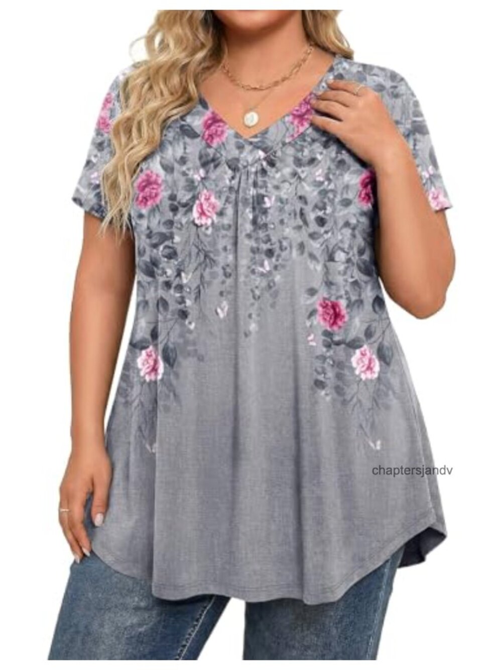 Plus Size V-Neck Short Sleeve Tunic Blouse Soft Stretchy Casual